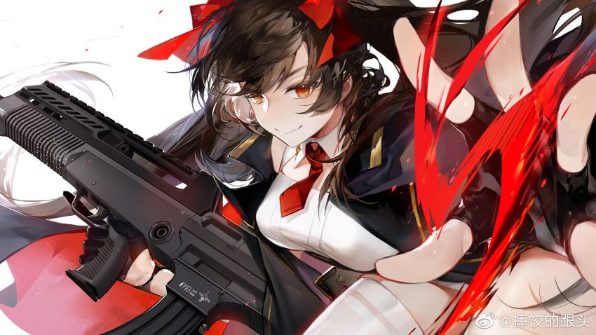 1girl anniversary assault_rifle breasts brown_hair commentary_request fingerless_gloves girls_frontline gloves gun hair_ribbon highres holding holding_gun holding_weapon long_hair looking_at_viewer necktie qbz-97 qbz-97_(girls_frontline) red_eyes red_neckwear ribbon rifle shuaigegentou smile solo thighhighs trigger_discipline twintails weapon white_background white_legwear