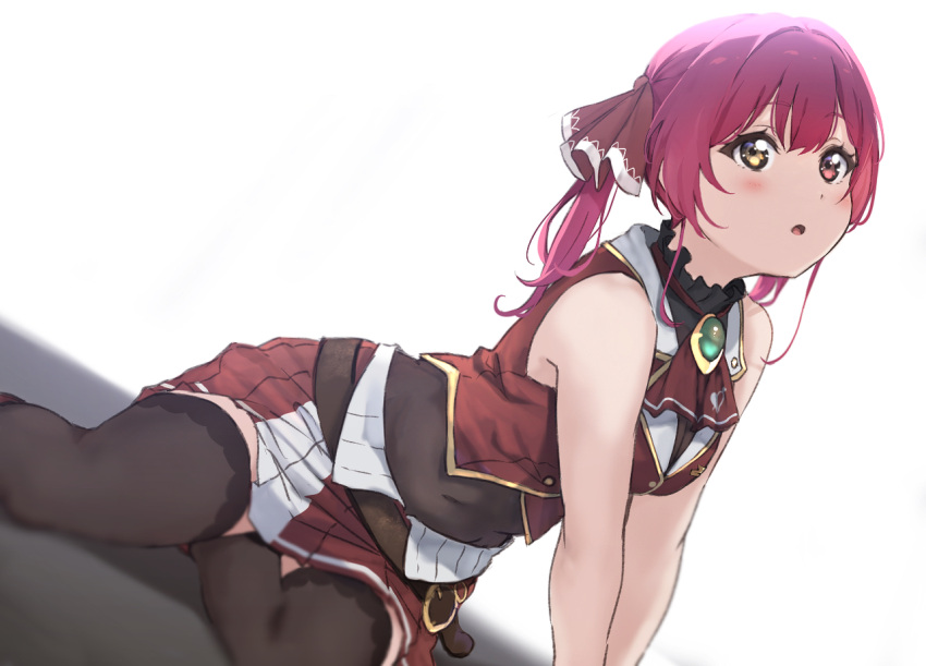 1girl :o bangs bare_shoulders belt black_legwear blush breasts brooch brown_belt brown_eyes collar commentary eyebrows_visible_through_hair ground hair_between_eyes hair_ornament hair_ribbon heterochromia hololive houshou_marine icehotmilktea jewelry long_hair looking_up neckerchief open_mouth red_hair red_neckwear red_skirt red_vest ribbon simple_background skirt sleeveless solo thighhighs twintails vest virtual_youtuber white_background yellow_eyes