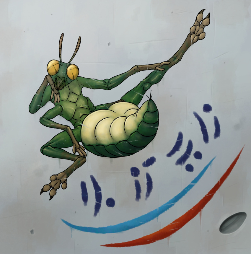 antennae_(anatomy) anthro arthropod arthropod_abdomen decal exoskeleton female green_body green_exoskeleton hand_on_leg hi_res multi_arm multi_limb nose_art raised_leg ramul solo suggestive_pose yellow_eyes