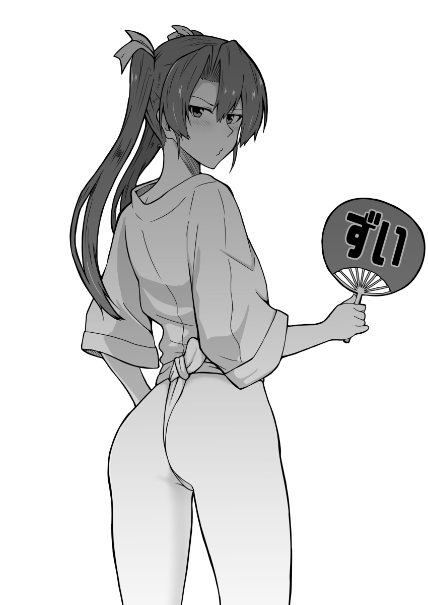 1girl :3 absurdres ass blush cowboy_shot fan from_behind fundoshi greyscale highres holding holding_fan japanese_clothes kantai_collection long_hair looking_back monochrome o3o paper_fan puckered_lips simple_background solo standing takaman_(gaffe) translation_request twintails uchiwa white_background yamakasa zuikaku_(kancolle)