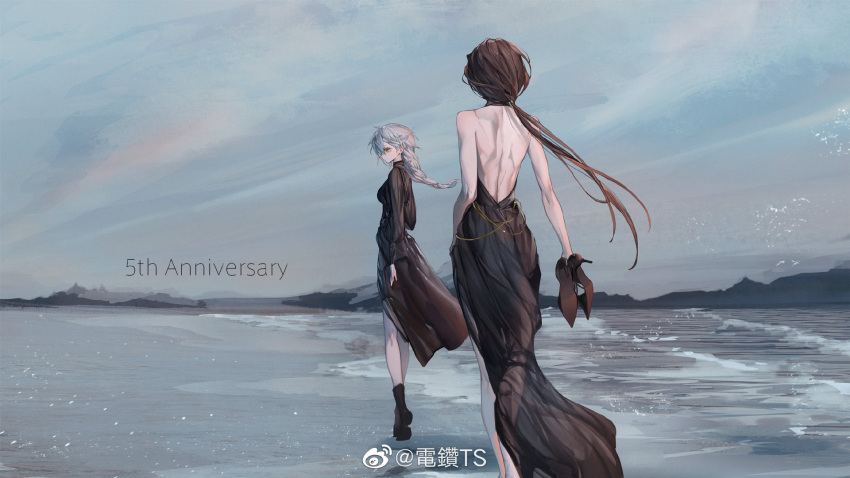 2girls alternate_costume anniversary backless_dress backless_outfit bare_back bare_shoulders beach black_dress braid braided_ponytail chinese_commentary commentary_request dress from_behind gepard_m1_(girls_frontline) girls_frontline high_heels highres holding holding_shoes km2o4 long_hair m1908_(girls_frontline) messy_hair multiple_girls outdoors ponytail sand shoes shore sky water white_hair
