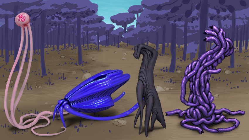 16:9 alien ambiguous_gender detailed_background eyeless faceless feral forest group hi_res meandraco monster multi_eye multi_limb not_furry nude outside plant tentacles teraurge tree video_games widescreen