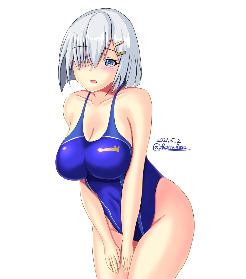 1girl blue_eyes blue_swimsuit breasts commentary_request competition_swimsuit cowboy_shot hair_ornament hair_over_one_eye hairclip hamakaze_(kancolle) highleg highleg_swimsuit highres kantai_collection large_breasts looking_at_viewer montemasa one-hour_drawing_challenge one-piece_swimsuit short_hair silver_hair solo swimsuit