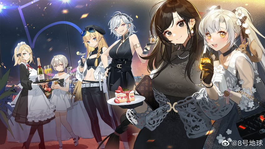 6+girls alcohol alternate_costume anniversary apron aug_para_(girls_frontline) bag bahao_diqiu bare_shoulders belt black_dress black_eyes blonde_hair blue_eyes blush bow braid breasts cake cake_slice champagne champagne_bottle champagne_flute choker cleavage cleavage_cutout clothing_cutout commentary_request cup dress drinking_glass earrings eyewear_on_head food g36_(girls_frontline) general_liu_(girls_frontline) girls_frontline gloves grin hair_bow handbag hat highres jewelry large_breasts long_hair looking_at_viewer m200_(girls_frontline) maid_headdress midriff multiple_girls navel necklace open_mouth pants pearl_necklace purple_eyes silver_hair single_braid sl8_(girls_frontline) small_breasts smile squirrel sunglasses tray twintails vhs_(girls_frontline) white_apron white_belt white_dress yellow_eyes