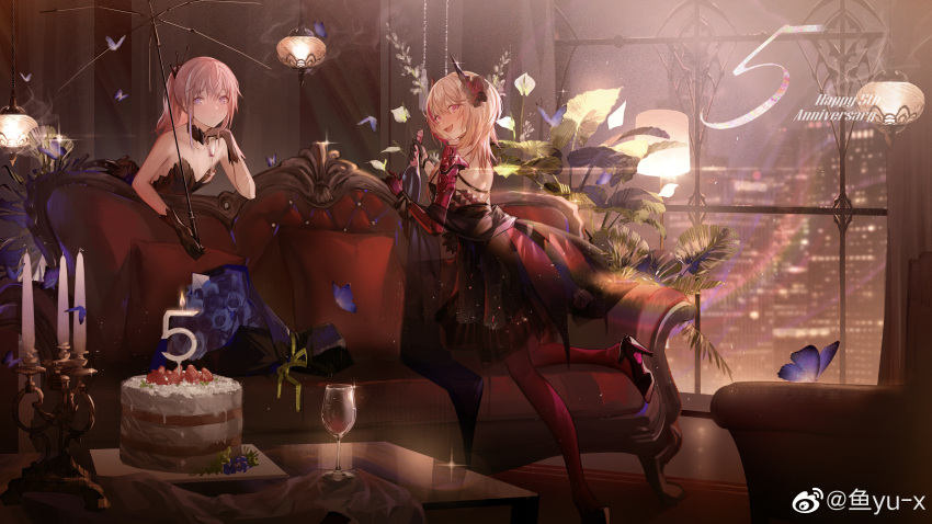 2girls absurdres anniversary bare_shoulders blonde_hair bouquet bug butterfly cake candelabra champagne_bottle commentary_request couch flower food fruit girls_frontline hair_flower hair_ornament headgear high_heels highres insect looking_at_viewer looking_back m4_sopmod_ii_(girls_frontline) mechanical_arms multiple_girls official_alternate_costume pink_eyes pink_hair ponytail single_mechanical_arm smile st_ar-15_(girls_frontline) strawberry umbrella yu-x