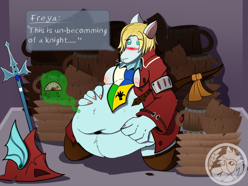 belly big_belly bloated_belly blonde_hair blue_body blue_fur blush blush_lines female final_fantasy final_fantasy_ix freya_crescent fur hair hi_res ivorden_bar mammal murid murine obese organs overweight rat rodent rumbling_stomach solo_focus square_enix stomach stomach_grab stuffed_belly stuffed_full stuffing video_games