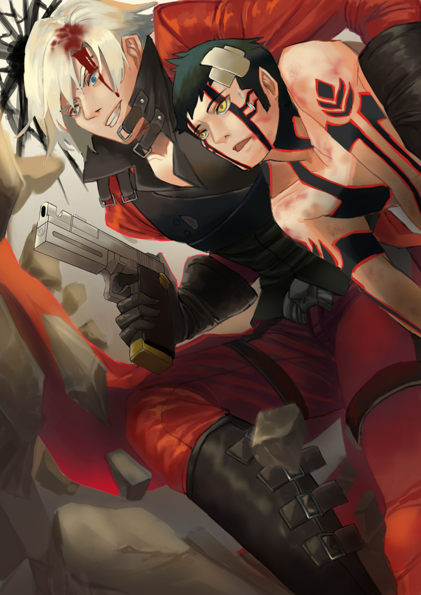 2boys absurdres black_hair blue_eyes coat crossover dante_(devil_may_cry) devil_may_cry ebony_&amp;_ivory fingerless_gloves full_body_tattoo gloves gun highres hitoshura jacket male_focus mochigana multiple_boys rebellion_(sword) shin_megami_tensei shin_megami_tensei_iii:_nocturne short_hair shorts silver_hair simple_background smile sword tattoo weapon white_hair yellow_eyes