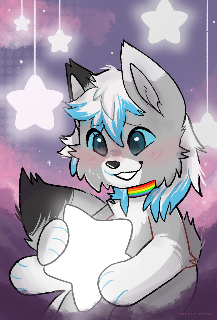 anthro belovedfoxx blush canid canine canis dante_kinkade happy hi_res lgbt_pride male mammal night pride_colors solo star star_catch wolf