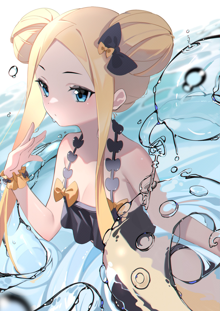 1girl abigail_williams_(fate) absurdres bangs bare_shoulders bikini black_bikini black_bow blonde_hair blue_eyes blush bow breasts collarbone double_bun emerald_float fate/grand_order fate_(series) forehead frilled_bikini frills hair_bow highres key long_hair looking_at_viewer miyu10366 multiple_bows multiple_hair_bows orange_bow parted_bangs sidelocks skirt small_breasts solo swimsuit tentacles water