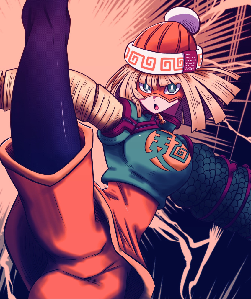 1girl arms_(game) ass bangs batchgooya beanie blonde_hair blunt_bangs chinese_clothes domino_mask facepaint food green_eyes hat highres kicking knit_hat leggings legwear_under_shorts looking_at_viewer mask min_min_(arms) noodles open_mouth short_hair shorts solo super_smash_bros.