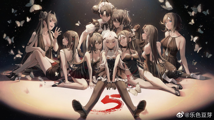 6+girls agent_(girls_frontline) anniversary architect_(girls_frontline) bare_shoulders black_dress black_hair blue_eyes breasts bug butterfly cleavage commentary_request double_bun douya_(233) dreamer_(girls_frontline) dress elbow_gloves elisa_(girls_frontline) executioner_(girls_frontline) girls_frontline gloves hair_bun headgear highres insect intruder_(girls_frontline) judge_(girls_frontline) long_hair maid_headdress multiple_girls one_side_up ouroboros_(girls_frontline) pantyhose pink_eyes red_eyes sangvis_ferri scarecrow_(girls_frontline) sitting sleeveless sleeveless_dress twintails white_hair yellow_eyes