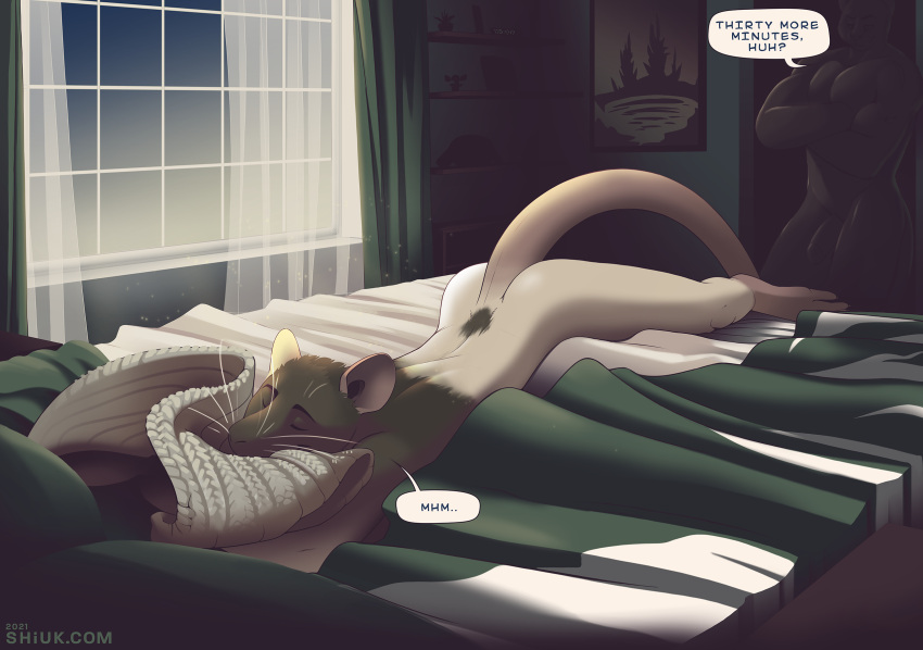 anthro bed butt cross-eyed dialogue duo eyes_closed furniture genitals hi_res inside laying_on_front male male/male mammal murid murine muscular muscular_anthro muscular_male penis rat resting rodent shiuk silhouette sleeping slim whiskers windows_(disambiguation)