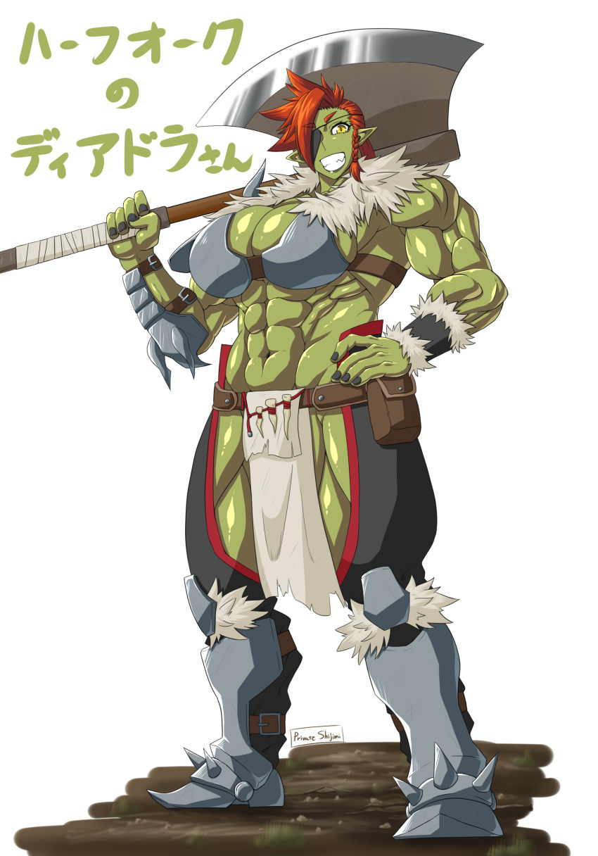 2019 abs absurd_res armor axe battle_axe biceps big_breasts bottomwear breasts clothing deltoids eye_patch eyewear female grin hair hi_res holding_object holding_weapon humanoid humanoid_pointy_ears japanese_text loincloth melee_weapon muscular muscular_female muscular_humanoid not_furry orange_hair orc quads shijimi432 simple_background smile solo text translated weapon white_background yellow_eyes