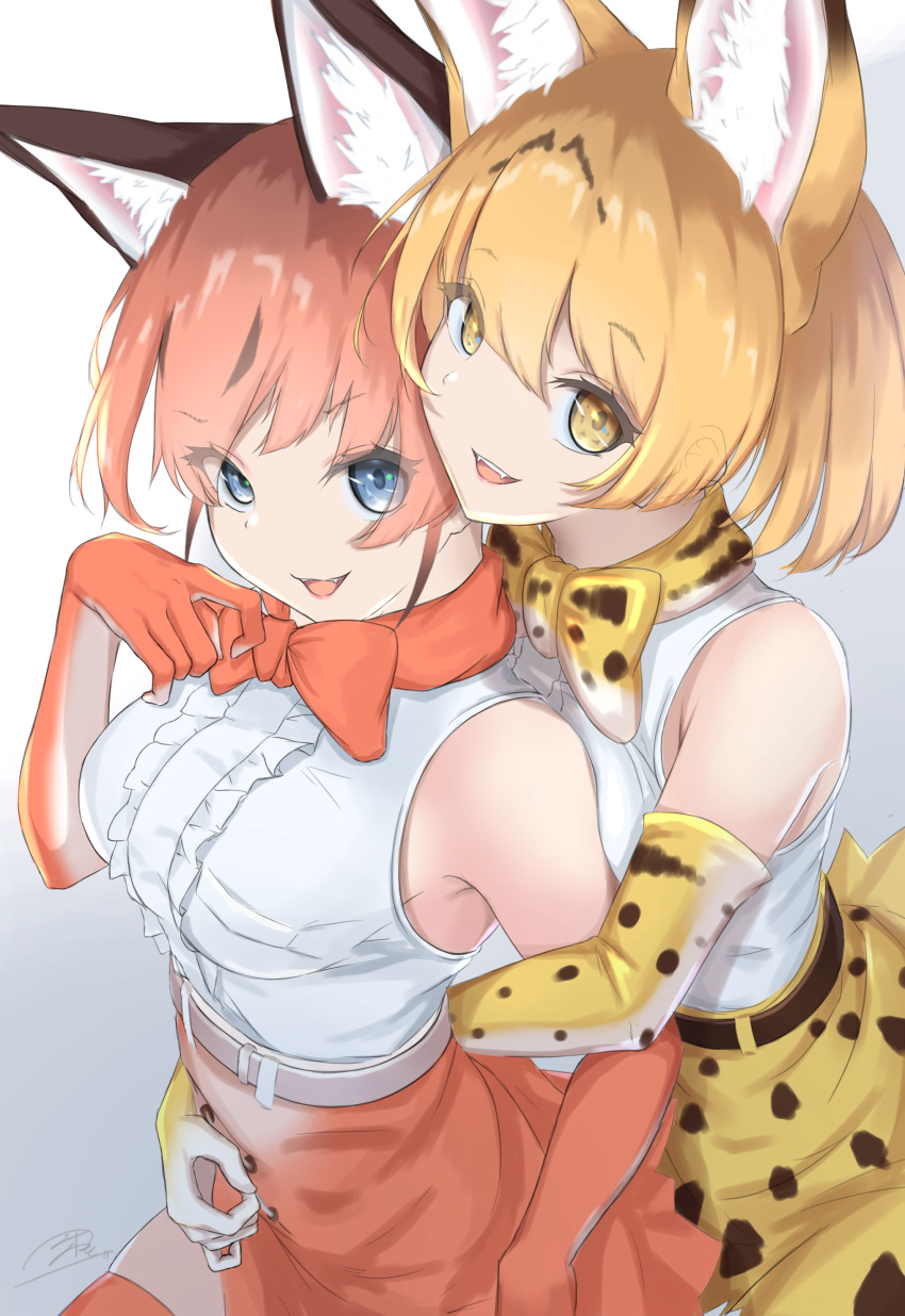 2girls absurdres animal_ear_fluff animal_ears arm_held_back blonde_hair bow bowtie breasts caracal_(kemono_friends) caracal_ears commentary cowboy_shot elbow_gloves eyebrows_visible_through_hair eyes_visible_through_hair fangs gloves high-waist_skirt highres hug hug_from_behind kemono_friends large_breasts looking_at_breasts looking_at_viewer mine_tsukasa multiple_girls open_mouth red_hair serval_(kemono_friends) serval_ears serval_print shirt short_hair simple_background skirt sleeveless sleeveless_shirt smile unbuttoning white_background yuri