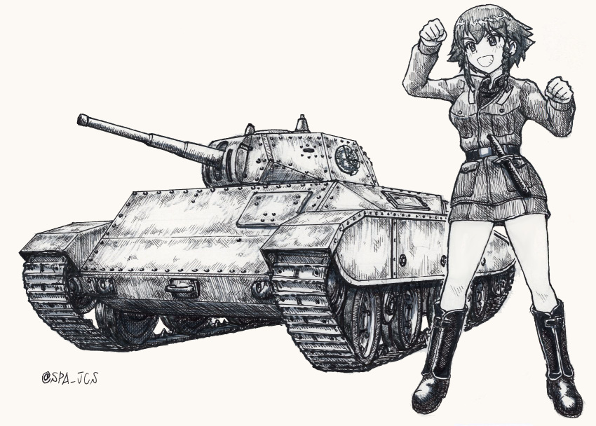 1girl anzio_(emblem) anzio_military_uniform bangs belt boots braid carro_armato_m16/43 clenched_hands commentary dress_shirt emblem eyebrows_visible_through_hair girls_und_panzer greyscale grin ground_vehicle highres jacket knife long_sleeves looking_to_the_side military military_uniform military_vehicle miniskirt monochrome motor_vehicle nspa_(spa-jcs) pepperoni_(girls_und_panzer) shirt short_hair side_braid skirt smile solo standing tank traditional_media twitter_username uniform wing_collar