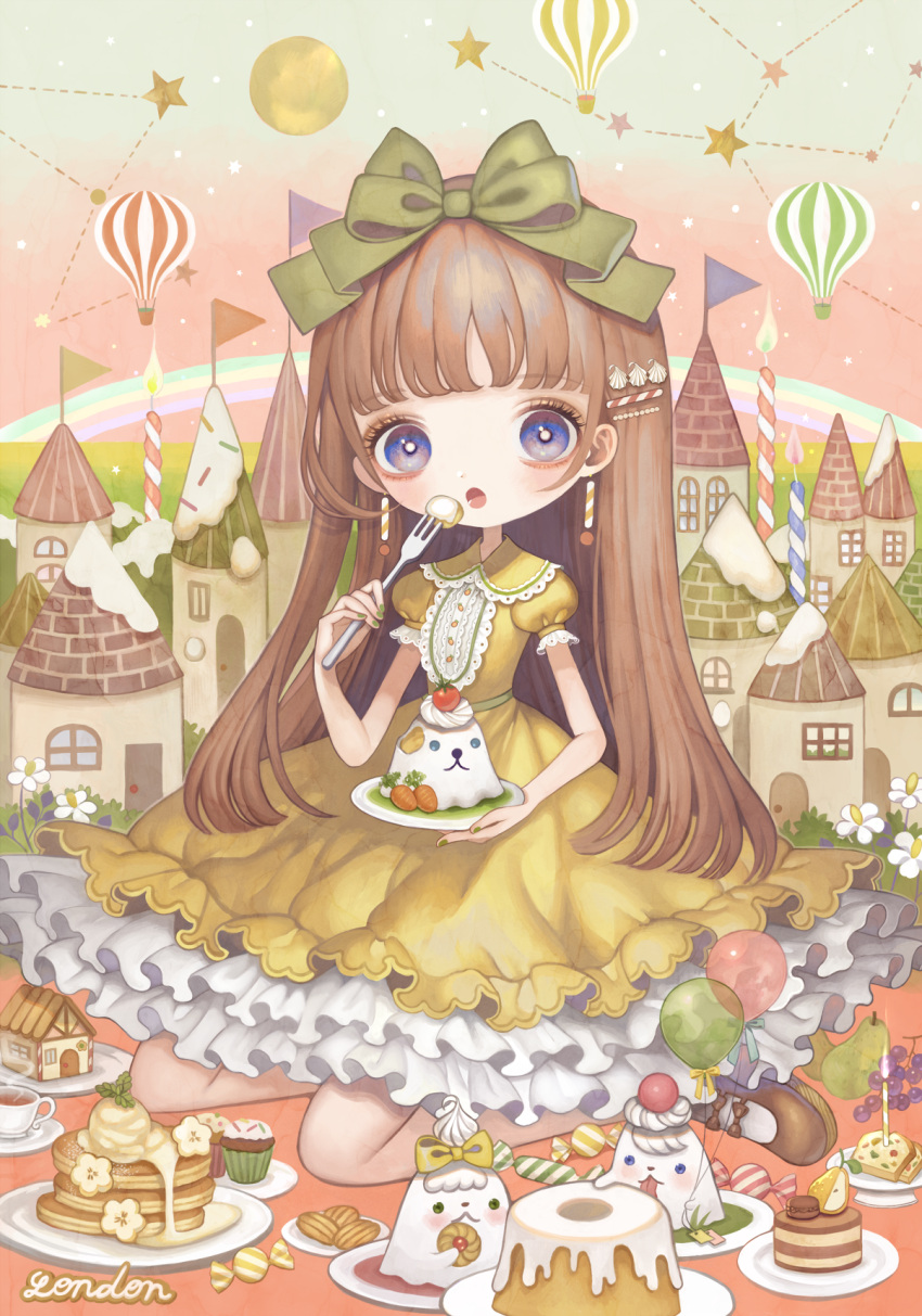 1girl aircraft bangs blunt_bangs blush bow brown_footwear brown_hair building candle constellation dress earrings food fork green_bow hair_bow heart highres holding holding_fork hot_air_balloon jewelry lalala222 long_hair open_mouth original plate purple_eyes shoes short_sleeves solo yellow_dress