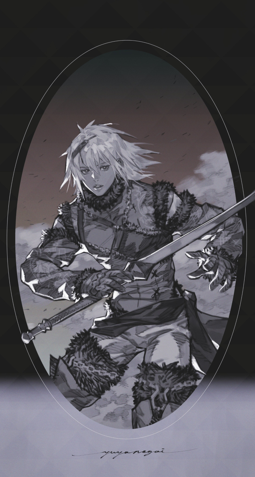 1boy absurdres boots cloud commentary fur_trim gloves gradient gradient_background greyscale hair_between_eyes hair_ornament highres holding holding_sword holding_weapon lips looking_at_viewer medium_hair monochrome nier nier_(series) nier_(young) signature sword thigh_boots thighhighs v8 weapon white_hair