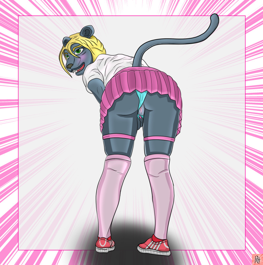 absurd_res anthro bottomwear clothing felid female footwear fur genitals hi_res horny_(disambiguation) invalid_tag mammal overweight overweight_anthro overweight_female pantherine panties pussy reefeezex shoes shy skirt sneakers solo underwear