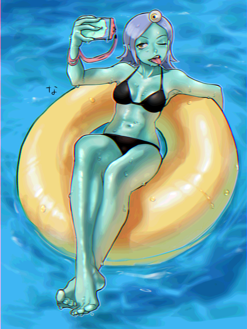 1girl absurdres alien aqua_skin bangs bikini black_bikini collarbone eyeball highres holding holding_phone in_water innertube midori_(uchuu_patrol_luluco) monster_girl nanja parted_bangs phone purple_hair ringed_eyes sharp_teeth short_hair sweat swimsuit swimwear teeth toes tongue tongue_out uchuu_patrol_luluco