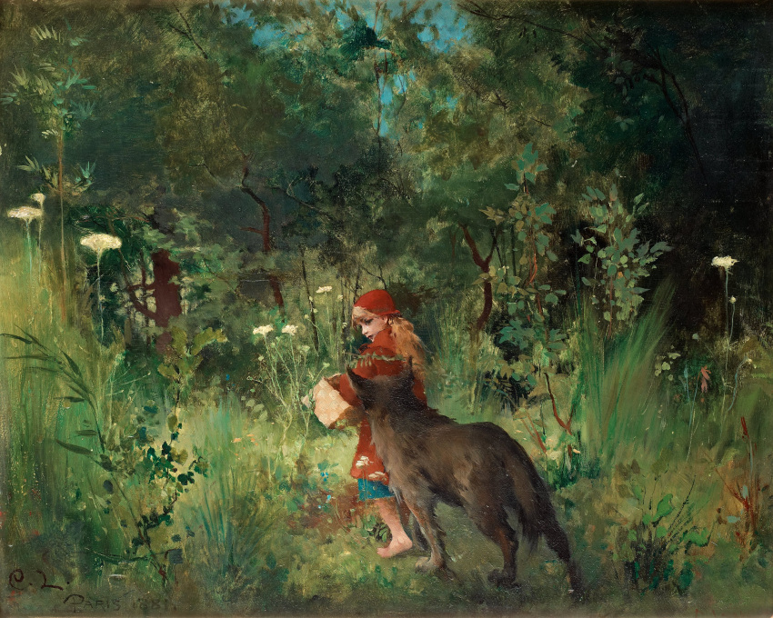 1881 19th_century absurd_res ancient_furry_art barefoot basket big_bad_wolf biped blue_clothing brown_body brown_fur brown_hair canid canine canis carl_larsson clothed clothing day detailed_background digitigrade duo feet female feral fur grass hair headgear headwear hi_res holding_basket holding_object human little_red_riding_hood little_red_riding_hood_(copyright) male mammal nude oil_painting_(artwork) outside painting_(artwork) plant plantigrade proper_art public_domain quadruped red_clothing red_headwear signature sky text traditional_media_(artwork) tree walking wolf young