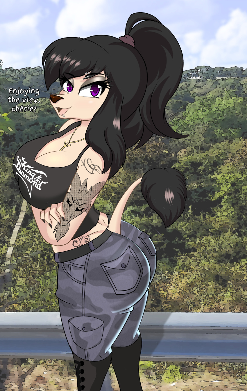 absurd_res alys_faiblesse_(zelripheth) anthro belt big_breasts big_butt black_eyeshadow black_hair blush boots bottomwear breasts butt butt_pose camo camo_bottomwear camo_clothing camo_pants camo_print canid canine canis clothing collar colored_nails domestic_dog english_text eyebrow_piercing eyeshadow facial_piercing female footwear hair hi_res lip_piercing makeup mammal nails outside pants pattern_bottomwear pattern_clothing pattern_pants piercing ponytail poodle pose purple_eyes runes solo tail_tuft tattoo tattooed_arm text tuft zelripheth