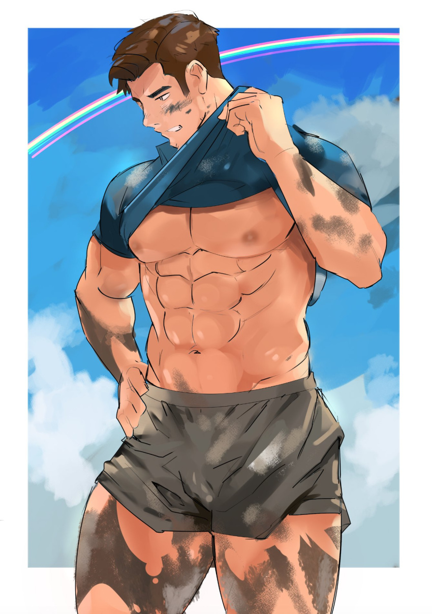 1boy abs bara blue_shirt border brown_hair cloud cowboy_shot dirty grey_shorts hand_on_hip highres large_pectorals lifted_by_self male_focus muscular muscular_male navel nipples original pectorals rainbow shirt shirt_lift short_hair short_sleeves shorts solo stomach t-shirt thick_thighs thighs tofu_(tofulabo) white_border
