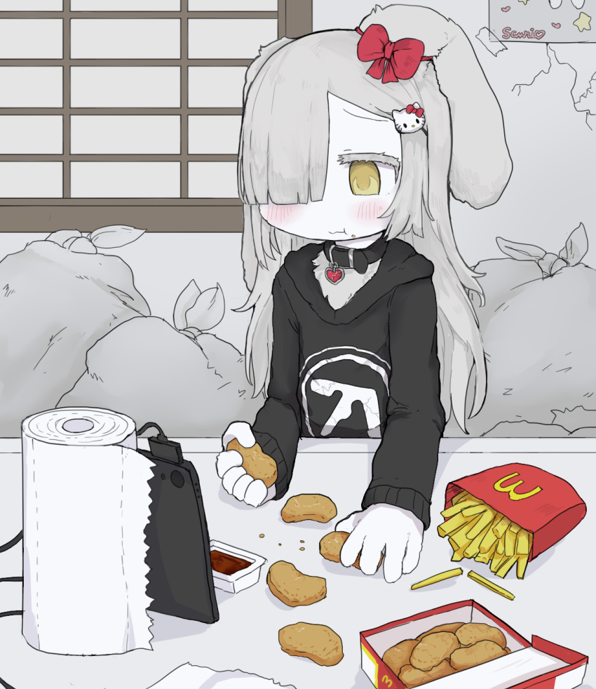 accessory animal_humanoid aphex_twin bangs blunt_bangs blush clothed clothing collar detailed_background eating female food fries fur hair hair_accessory hair_bow hair_over_eye hair_ribbon hi_res hoodie humanoid lagomorph lagomorph_humanoid leporid_humanoid long_hair mammal mammal_humanoid mcdonald's one_eye_obstructed phone rabbit_humanoid ribbons silver_hair solo topwear trash vreparty white_body white_fur yellow_eyes