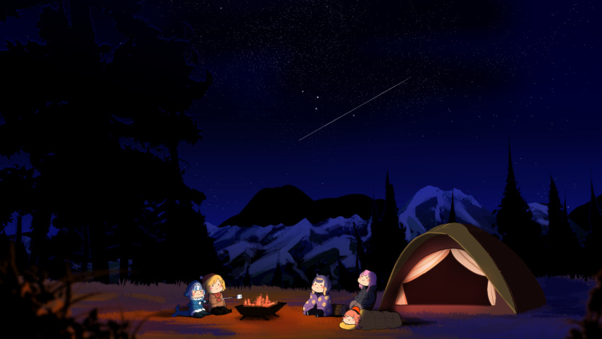 ._. 5girls :3 bangs blanket blonde_hair blue_hair blunt_bangs blush c: campfire chibi comforter english_commentary falling_star food gawr_gura gloves gradient_hair grass highres holding holding_stick hololive hololive_english jacket long_sleeves looking_up lying marshmallow mittens mori_calliope mountain mountainous_horizon multicolored_hair multiple_girls nature night night_sky ninomae_ina'nis on_stomach orange_hair outdoors pink_hair purple_hair shooting_star sidelocks sitting sky sleeping smile solid_circle_eyes star_(sky) starry_sky stick streaked_hair takanashi_kiara tent tentacle_hair tree watson_amelia white_hair winter_clothes yobio