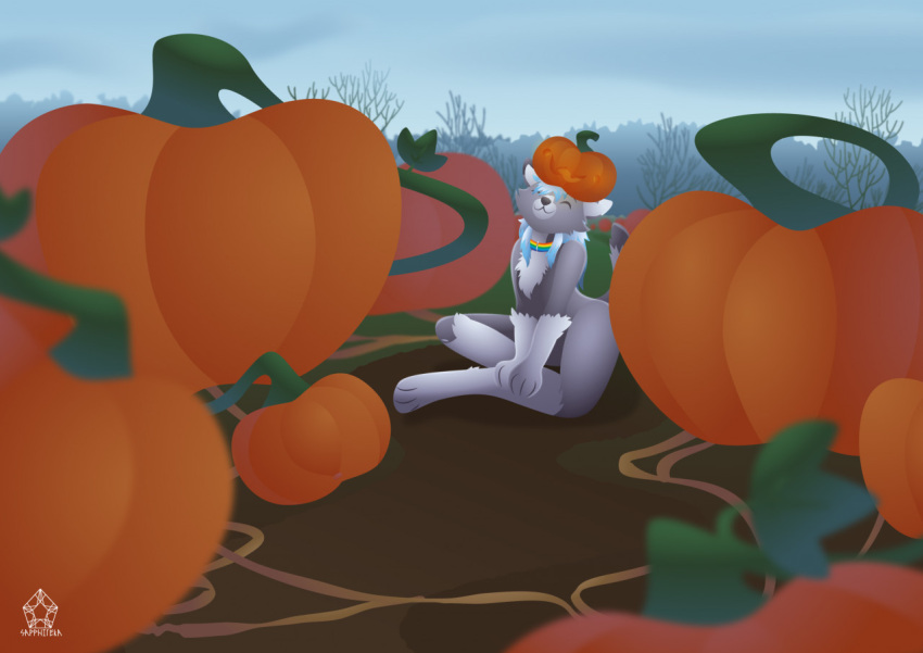 anthro canid canine canis dante_kinkade food forest forest_background fruit male mammal nature nature_background plant pumpkin pumpkin_patch sapphireka sitting_on_ground solo tree waiting wolf