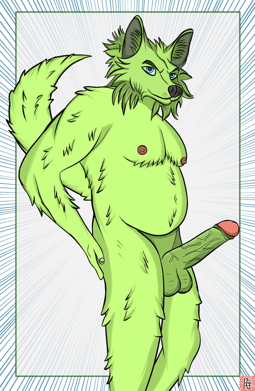 absurd_res anthro belly big_penis body_hair canid canine chest_hair disk erection fox fur furry_tail genitals hi_res huge_penis male mammal penis reefeezex solo