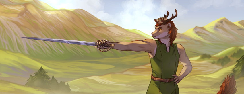 absurd_res anthro antlers crown dragon field hi_res hill horn landscape male mane melee_weapon muscular muscular_anthro muscular_male oooopo portrait prince prince_borgon royalty solo story story_in_description sun sword tail_tuft tuft weapon