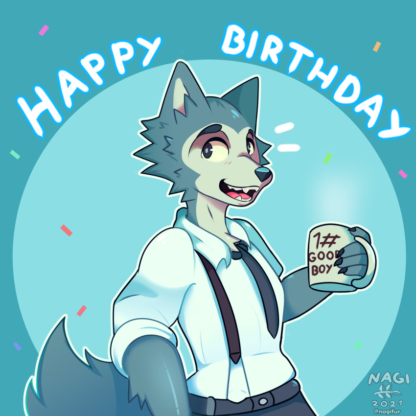 1:1 2021 absurd_res anthro beastars biped birthday blue_background bottomwear canid canine canis claws clothing english_text eyebrows fur grey_body grey_fur hi_res holding_object legoshi_(beastars) male mammal nagifur necktie open_mouth shirt signature simple_background smile solo text topwear white_clothing white_shirt white_topwear wolf