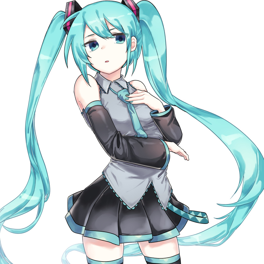 1girl absurdres aqua_eyes aqua_hair aqua_nails aqua_neckwear bare_shoulders black_legwear black_skirt black_sleeves commentary contrapposto cowboy_shot detached_sleeves disdain empty_eyes esy grey_shirt hair_ornament hand_on_own_chest hatsune_miku highres long_hair miniskirt nail_polish necktie parted_lips pleated_skirt shirt sideways_glance skirt sleeveless sleeveless_shirt solo thighhighs twintails very_long_hair vocaloid white_background zettai_ryouiki