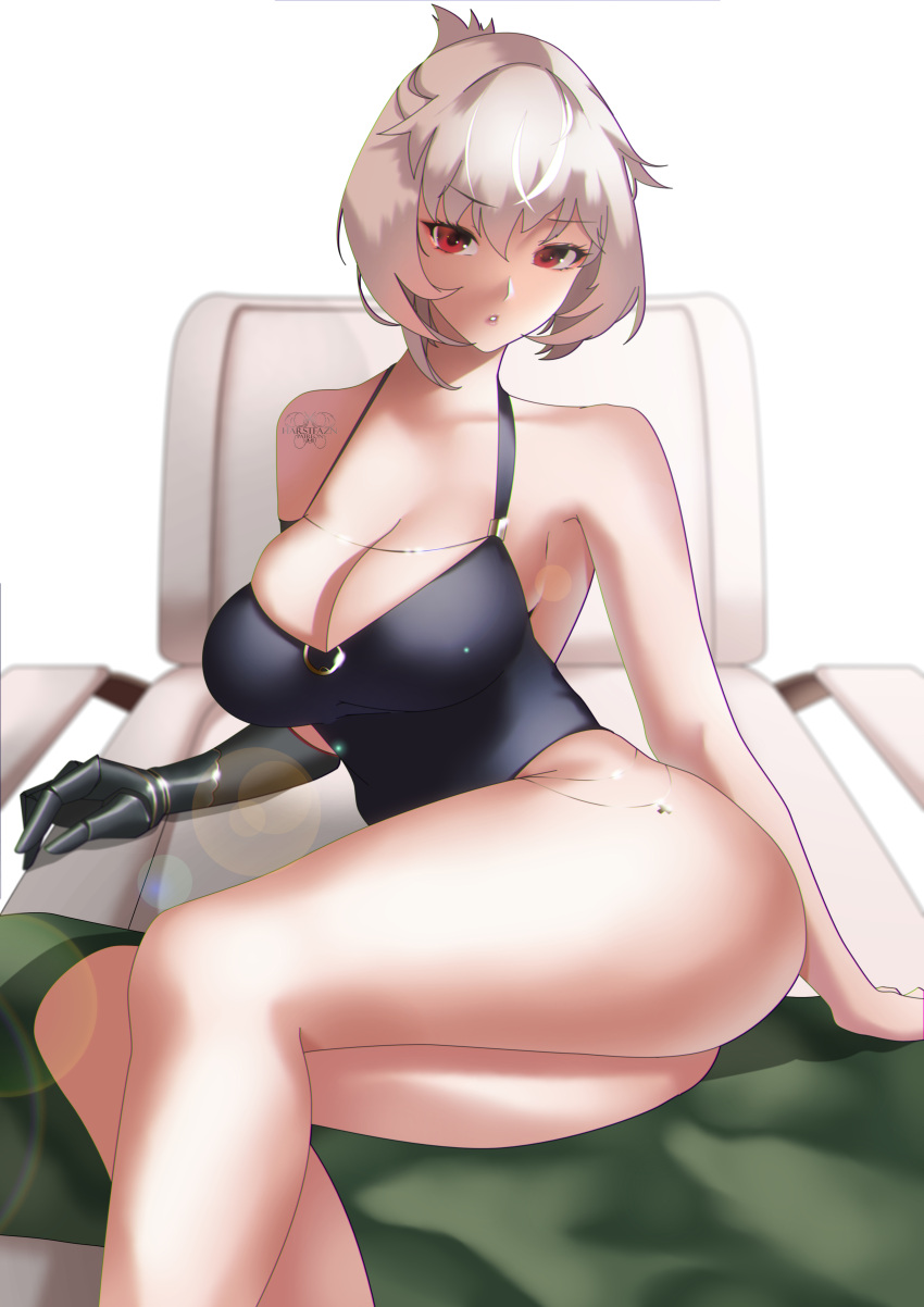 1girl absurdres arm_support azur_lane bare_shoulders beach_chair bikini black_swimsuit breasts cleavage duca_degli_abruzzi_(azur_lane) duca_degli_abruzzi_(lustrous_onyx_sirenetta)_(azur_lane) harstfazn highres large_breasts looking_at_viewer mechanical_arms one-piece_swimsuit prosthesis prosthetic_arm red_eyes silver_hair single_mechanical_arm sitting swimsuit thighs white_background