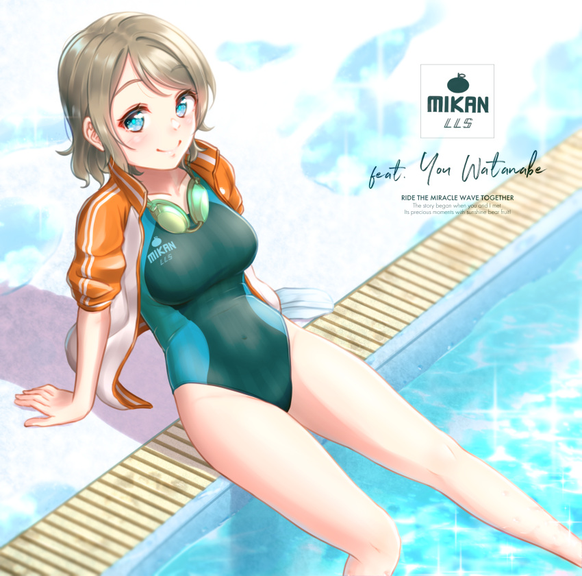 1girl blue_eyes breasts character_name commentary_request competition_swimsuit goggles goggles_around_neck green_swimsuit grey_hair highres jacket logo love_live! love_live!_sunshine!! medium_breasts one-piece_swimsuit orange_jacket poolside short_hair solo swimsuit toine track_suit watanabe_you water