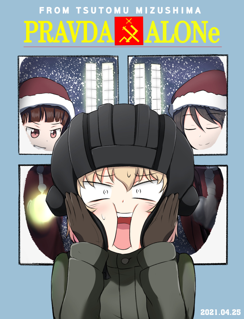 3girls alternate_costume armorganger bangs black_gloves black_headwear blonde_hair blunt_bangs bob_cut brown_hair closed_eyes closed_mouth commentary constricted_pupils crossover dated emblem english_text facing_another fang frown girls_und_panzer gloves green_jumpsuit grin hands_on_own_face hat helmet highres home_alone jumpsuit katyusha_(girls_und_panzer) long_sleeves looking_at_another looking_at_viewer mika_(girls_und_panzer) mikko_(girls_und_panzer) multiple_girls open_mouth parody pravda_(emblem) pravda_military_uniform red_eyes red_hair red_headwear santa_costume santa_hat short_hair smile snowing sweatdrop tank_helmet v-shaped_eyes window