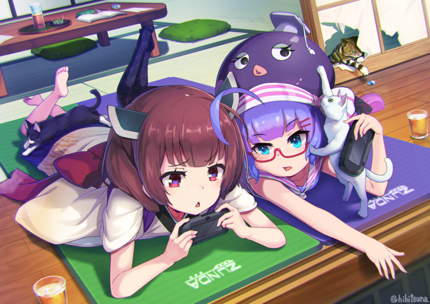 2girls ahoge black_cat blue_eyes blue_skirt book brown_eyes brown_hair calico cat cat_on_ass chabudai_(table) character_name cheek_press collar commentary cushion eel_hat eraser glass handheld_game_console hat headgear hibi_tsuna highres holding holding_handheld_game_console japanese_clothes kimono lying miniskirt mortarboard multiple_girls on_stomach open_book otomachi_una purple_hair purple_headwear purple_shirt raised_eyebrow reaching sailor_collar shirt short_hair skirt sliding_doors table talkex tatami touhoku_kiritan tray twitter_username voiceroid white_cat white_collar white_kimono wooden_floor zabuton