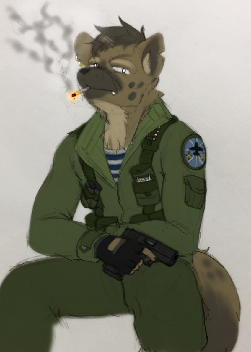 absurd_res anthro bullet cigarette cigarette_in_mouth gun handgun hi_res hyaenid male mammal ranged_weapon solo weapon zzinhimsum