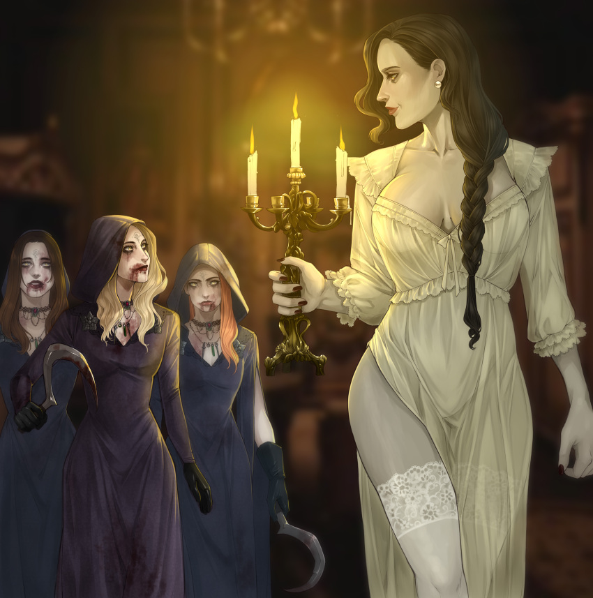 4girls absurdres alcina_dimitrescu annasassiart bela_(resident_evil) black_gloves black_hair blonde_hair blood bloody_mouth blue_hair braid breasts brown_hair candlestand cassandra_(resident_evil) cleavage cloak daniela_(resident_evil) earrings gloves highres holding holding_candle holding_weapon hood hooded_cloak jewelry long_hair looking_at_another looking_at_viewer looking_down multiple_girls necklace nightgown orange_hair pale_skin pelvic_curtain resident_evil resident_evil_village smile tall tall_female thighhighs weapon yellow_eyes