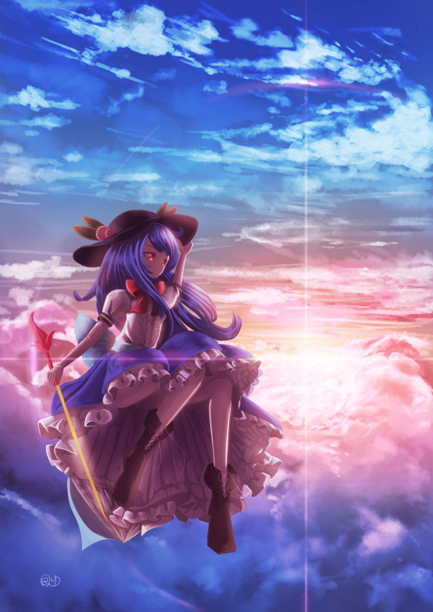 1girl absurdres bangs blue_hair blue_skirt boots cloud cloudy_sky diffraction_spikes floating food fruit hand_on_headwear hat highres hinanawi_tenshi holding holding_sword holding_weapon knees_up long_hair looking_afar looking_ahead nke outdoors peach petticoat red_eyes shirt skirt sky solo sun swept_bangs sword sword_of_hisou touhou twilight very_long_hair weapon white_shirt