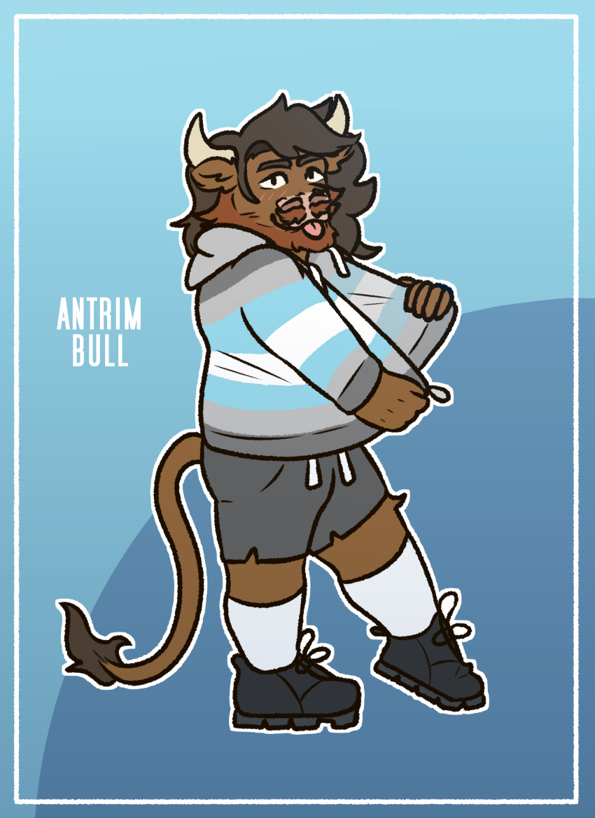 anthro antrimbull beard blush bottomwear bovid bovine cattle clothed clothing facial_hair flag hair hi_res highland_cattle horn jacket lgbt_pride long_hair male mammal mustache outline pride_color_clothing pride_colors shorts simple_background solo tongue tongue_out topwear