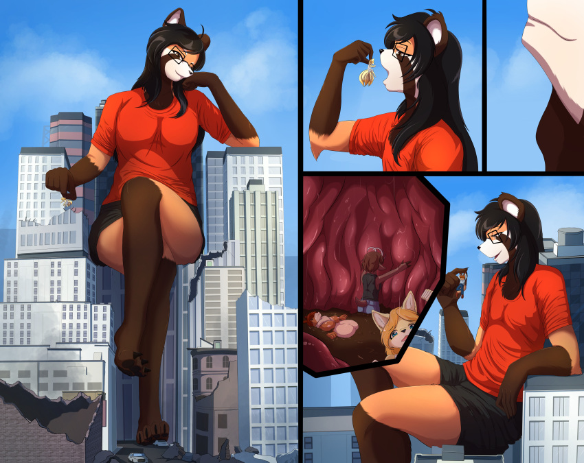 2021 absurd_res black_clothing bottomwear city clothing destruction female fur hi_res macro mammal micro open_mouth red_clothing shirt shorts son2j topwear vore