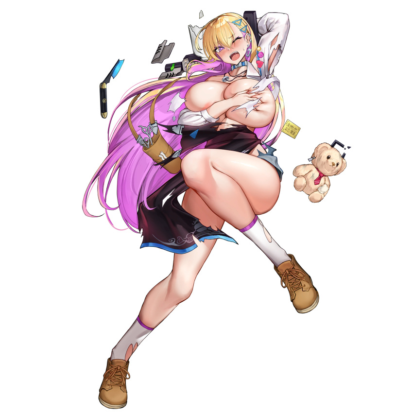 1girl battle_damage blonde_hair blush boots boryeon breasts earrings fang grabbing_own_breast gyaru highres huge_breasts jewelry kirome_(kamipaper) kogal last_origin necklace official_art one_eye_closed open_mouth purple_eyes purple_hair scissors socks solo straight_razor stuffed_animal stuffed_toy tachi-e teddy_bear torn_clothes transparent_background triangle_hair_ornament