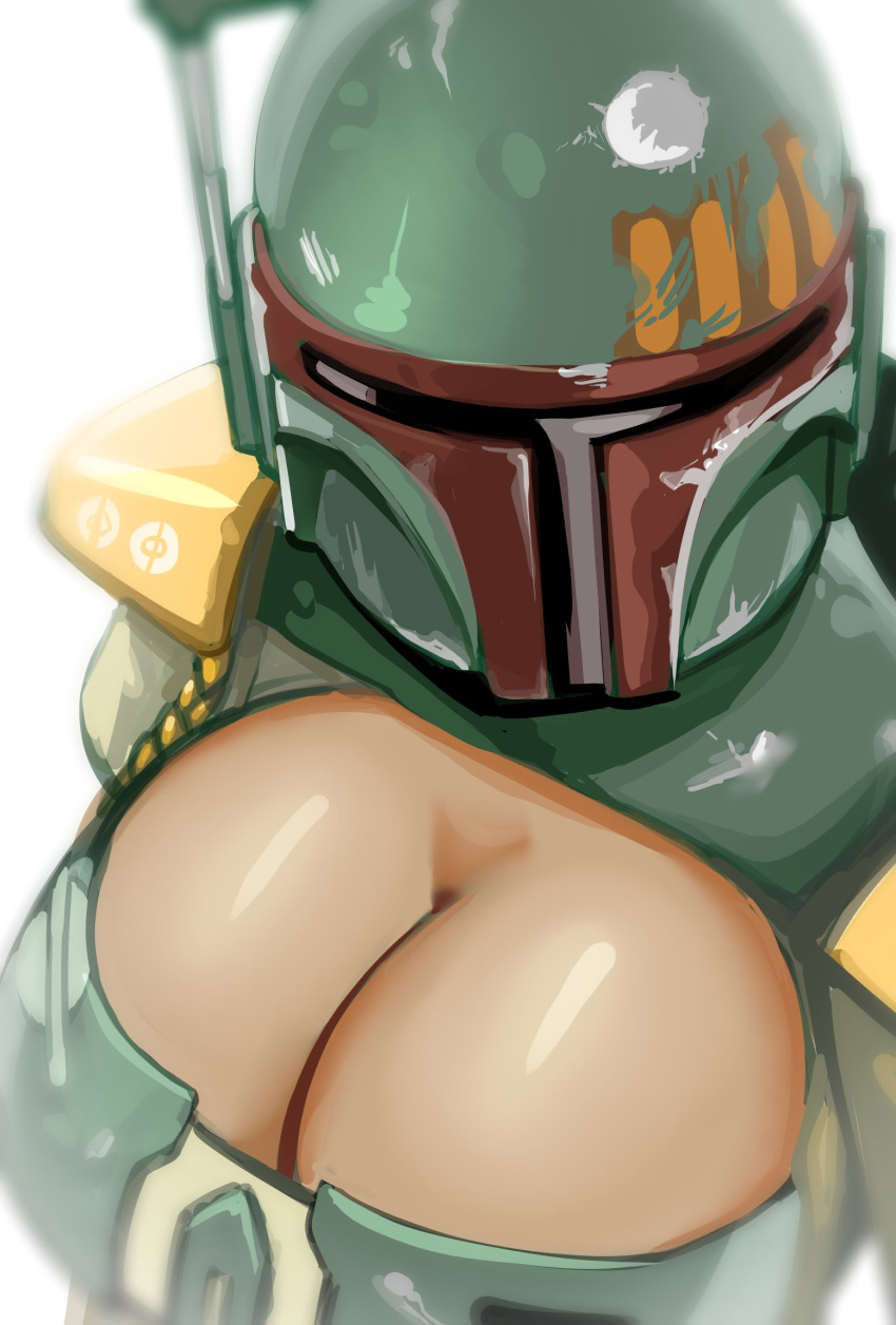 1girl armor blur boba_fett breasts cleavage english_commentary from_above genderswap genderswap_(mtf) helmet highres huge_breasts krita_(medium) looking_at_viewer mandalorian science_fiction shiny shiny_skin simple_background solo star_wars telepurte white_background
