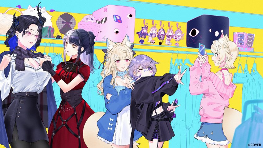 5girls animal_ears bilingual_commentary black_bow black_corset black_hair black_pantyhose black_scarf black_skirt blonde_hair blue_camisole blue_choker blue_coat blue_eyes blue_hair blue_jacket blue_skirt bow braid breasts camisole center-flap_bangs choker coat coat_on_shoulders collared_dress collared_shirt colored_inner_hair commentary copyright_notice corset curly_hair denim denim_skirt dog_ears dog_girl dog_tail double-parted_bangs dress earrings english_commentary extra_ears frilled_dress frills fur-trimmed_skirt fur_trim fuwawa_abyssgard fuwawa_abyssgard_(casual) geow_(koseki_bijou) glasses grey_hair hair_bow hair_flaps hair_over_one_eye high-waist_skirt highres holoadvent hololive hololive_english hood hooded_jacket indoors jacket jailbird_(nerissa_ravencroft) jewelry koseki_bijou koseki_bijou_(casual) large_breasts long_hair looking_at_another miniskirt mixed-language_commentary mococo_abyssgard mococo_abyssgard_(casual) multicolored_hair multiple_girls nerissa_ravencroft nerissa_ravencroft_(casual) office_lady official_alternate_costume official_alternate_hair_length official_alternate_hairstyle official_art pantyhose pebble_(koseki_bijou) pencil_skirt perroccino_(fuwamoco) pink_eyes pink_hair pink_jacket plaid_camisole ponytail purple_eyes red_dress ruffian_(fuwamoco) scarf shiori_novella shiori_novella_(casual) shirt shirt_tucked_in short_hair short_sleeves siblings side_braid sisters skirt split-color_hair streaked_hair swept_bangs tail taking_picture twins virtual_youtuber white_shirt white_skirt yellow_eyes yorick_(shiori_novella) yuri_kyanon