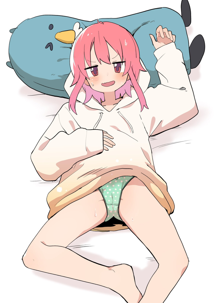 1girl bare_legs bural_chingu cameltoe green_panties highres hood hoodie lee_ji-eun luke_(dydansgur) lying on_back panties pink_hair polka_dot polka_dot_panties red_eyes short_hair short_hair_with_long_locks solo stuffed_animal stuffed_toy sweat underwear