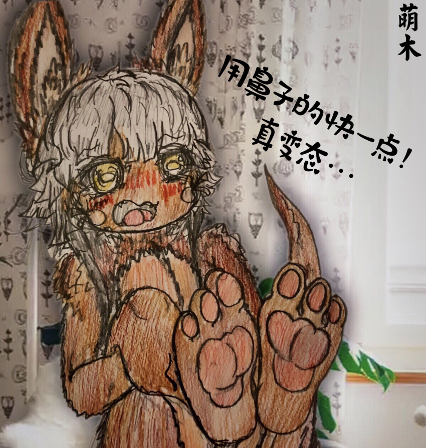 barefoot feet flat_chested foot_fetish fur hair hi_res humanoid invalid_tag lagomorph leporid made_in_abyss male mammal mongmulcj nanachi open_mouth pawpads rabbit solo young