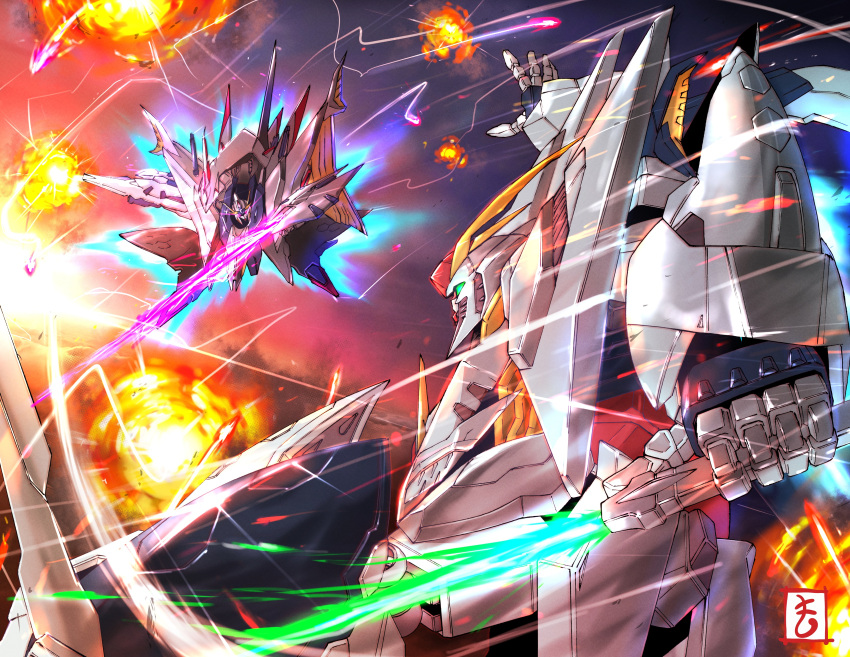 absurdres battle beam_saber commentary energy_sword explosion flying funnels glowing glowing_eyes green_eyes gundam gundam_hathaway's_flash highres matutoya mecha missiles mobile_suit no_humans penelope_(hathaway's_flash) pink_eyes science_fiction smoke_trail sword v-fin weapon xi_gundam