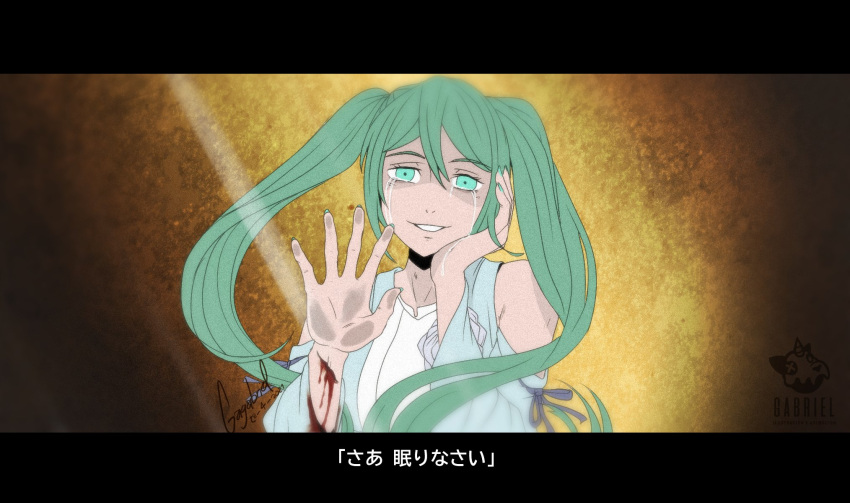 1girl aqua_eyes aqua_hair aqua_nails artist_name bare_shoulders bleeding blood bloody_clothes blue_dress brown_background crying crying_with_eyes_open detached_sleeves dress dress_flower empty_eyes evillious_nendaiki film_grain hand_on_own_cheek hand_on_own_face hatsune_miku highres light_rays looking_at_viewer lyrics margarita_blankenheim mario_gagabriel nemurase_hime_kara_no_okurimono_(vocaloid) parody signature smile solo style_parody tears twintails vocaloid wrist_cutting