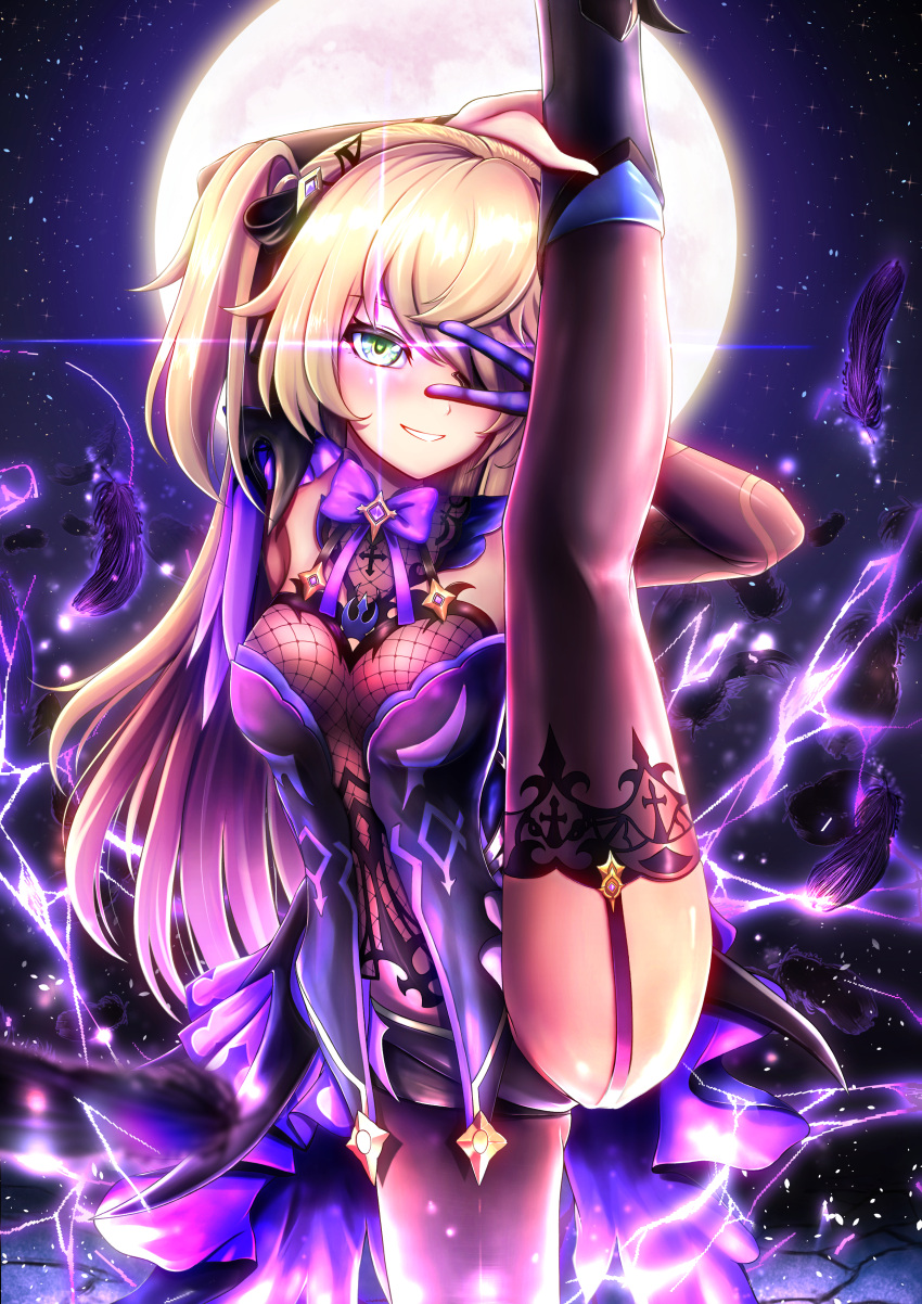 1girl absurdres black_legwear blonde_hair blush bow breasts commentary_request dead_angels electricity eyepatch fischl_(genshin_impact) full_moon genshin_impact green_eyes grin hair_ornament highres long_hair looking_at_viewer medium_breasts moon pose purple_bow purple_corset purple_garter_straps smile solo split standing standing_on_one_leg standing_split thighhighs v